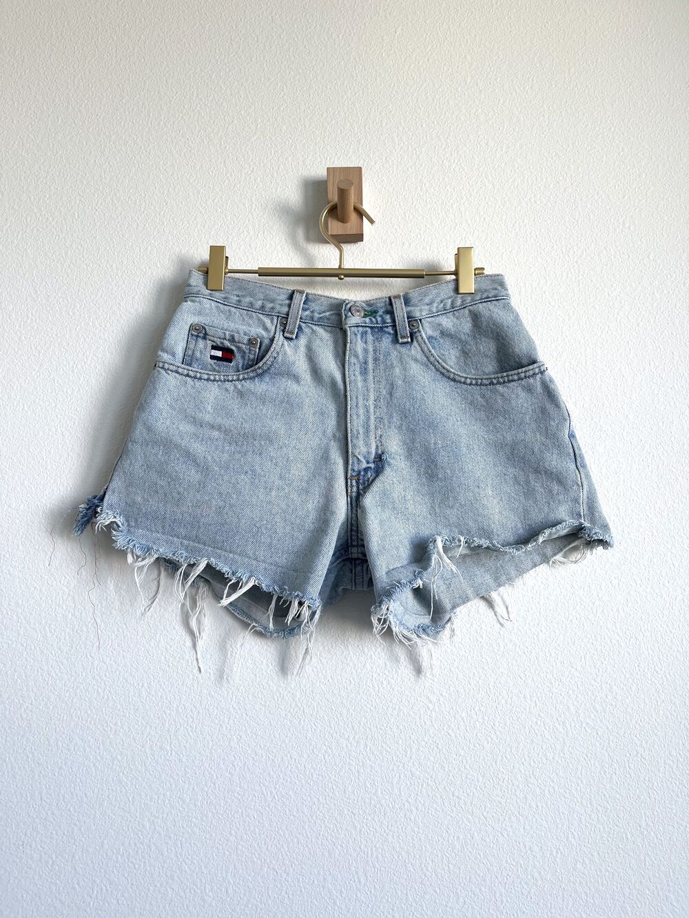 Vintage Y2K Tommy Hilfiger Big Flag Patch High Rise Cut-Off Denim Shorts